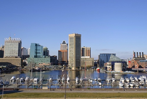 a skyline shot from across the river of downtown Baltimore